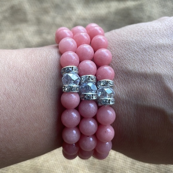 Natural rose quartz stackable‘s with a crystal & spacers Stretch alot 3 - Picture 6 of 11